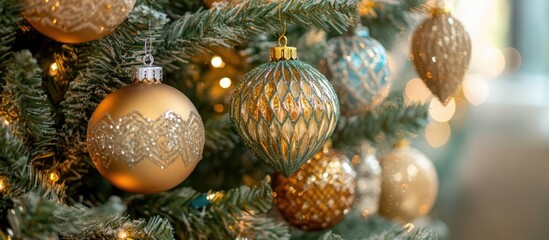 Elegant Christmas tree close-up adorned with shimmering ornaments and a light bokeh backdrop ideal for festive holiday celebrations