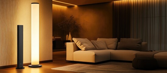 Modern decorative floor lamp illuminating stylish living room with warm ambiance and sleek furniture for contemporary interior design.
