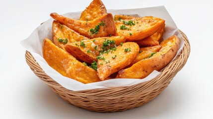 Cilembu roasted sweet potatoes in a decorative basket on a clean white background highlighting their crispy texture and golden color.