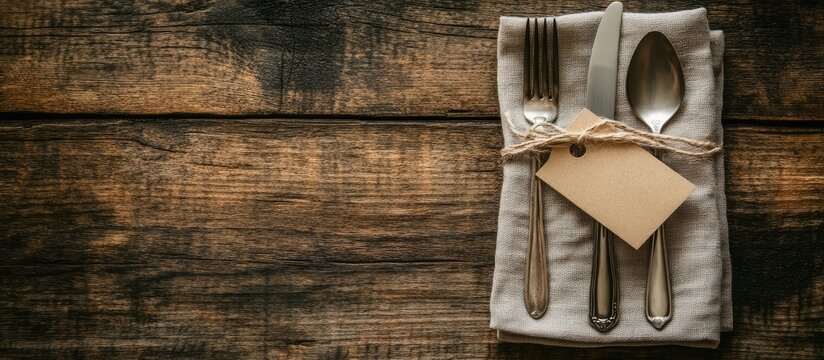 Elegant table setting with cutlery and empty tag on linen napkin atop rustic wooden surface ideal for event invitations or dining dÃ©cor