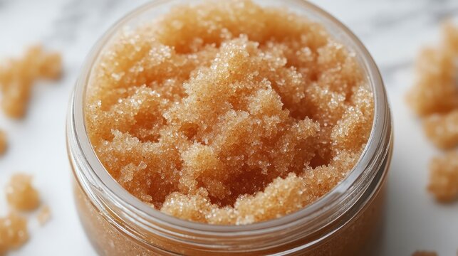 Cinnamon sugar body scrub in a clear jar with scattered granules on a marble background for spa and skincare promotion