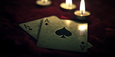 Mystical tarot cards arranged on a red velvet cloth with glowing candles.A mystical tarot card spread rests on a red velvet cloth illuminated by glowing candles.Glowing candles surround a mystical