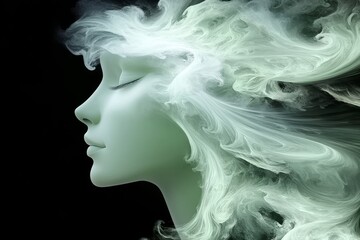 Fototapeta premium An enigmatic female portrait illuminated by vibrant green light trails, with her eyes closed.
