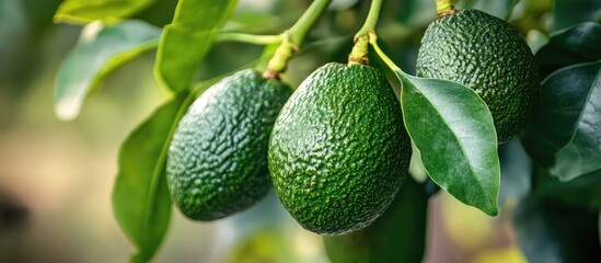 Vibrant avocado plant with lush green leaves and developing fruit showcasing growth in a home garden environment
