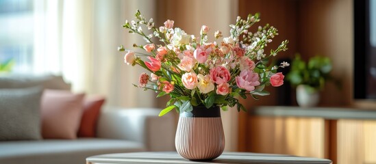 Fototapeta premium Elegant floral arrangement in a stylish vase creating a warm and inviting atmosphere in contemporary home dÃ©cor