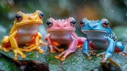 Three vibrant rainforest frogs posing on a leaf in the rain.
