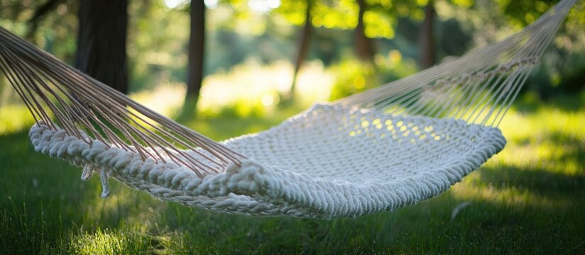 Close up of a white rope hammock in a sunlit forest setting with blurred green grass in the background creating a peaceful outdoor atmosphere