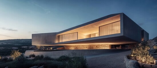 Fototapeta premium Innovative architectural design of Vilamajo House showcased in elegant interior decor for museum exhibitions at twilight