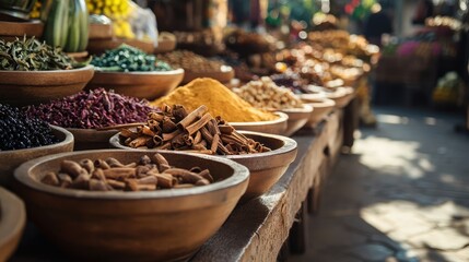 Cinnamon bark and assorted spices in traditional market setting showcasing vibrant colors and textures of culinary ingredients