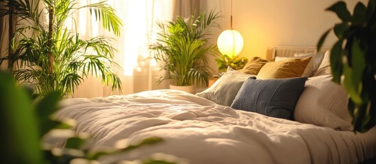 Serene bedroom ambiance with plush bedding soft linens and lush green houseplants fostering a tranquil and relaxing environment