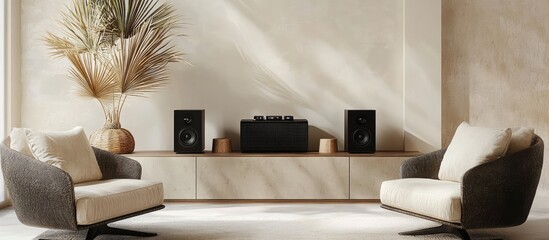 Stylish contemporary living room interior featuring modern armchairs elegant shelf unit decorative speakers and a palm leaf vase arrangement