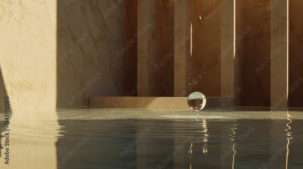 Poster Elegant water drop creating ripples in a serene, minimalistic indoor setting with soft light reflections on the surface.