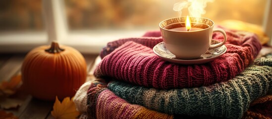 Warm autumn ambiance with a candle on a pumpkin and a steaming tea cup atop colorful sweaters in a cozy, inviting setting.