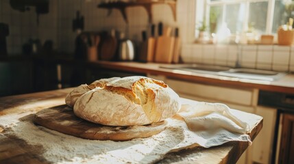 Freshly baked ciabatta bread resting on a wooden board in a cozy rustic kitchen setting with natural light and flour scattered.