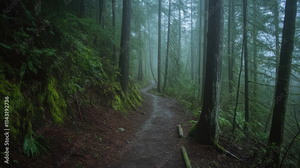 Aufkleber Misty forest trail surrounded by lush greenery and towering trees creating a serene and tranquil hiking experience