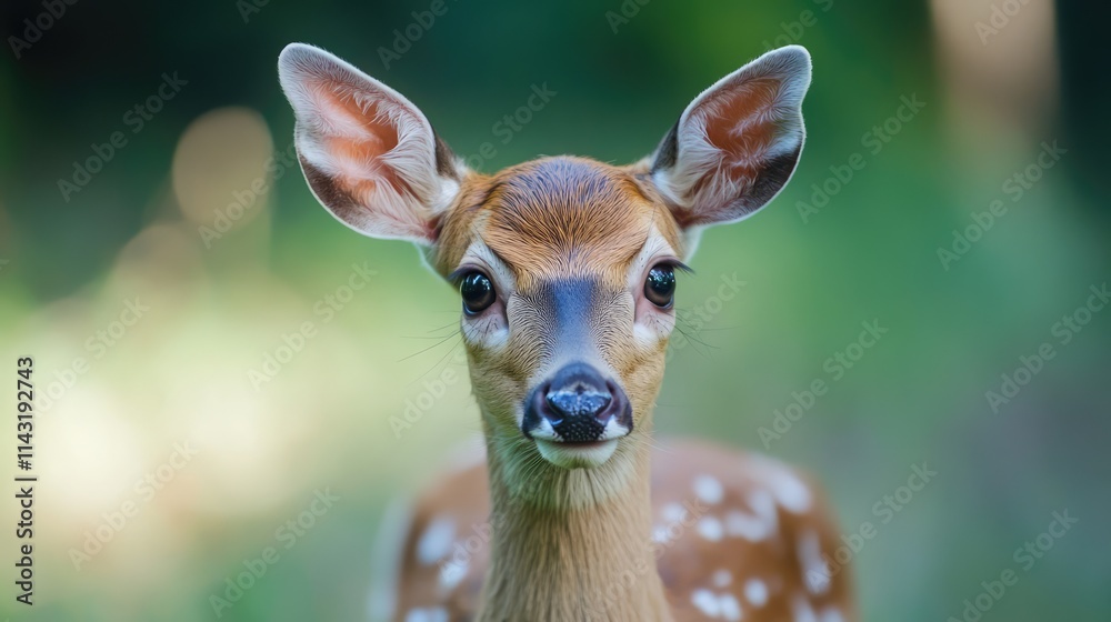 Poster fallow deer close-up portrait in natural park with blurred green background showcasing its distinct 