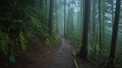Fototapeta premium Misty forest trail surrounded by lush greenery and towering trees creating a serene and tranquil hiking experience
