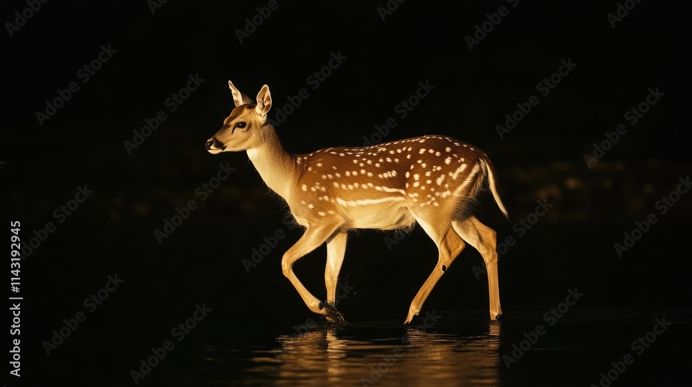 Poster fallow deer walking gracefully in a dimly lit environment highlighting its distinctive spotted coat 