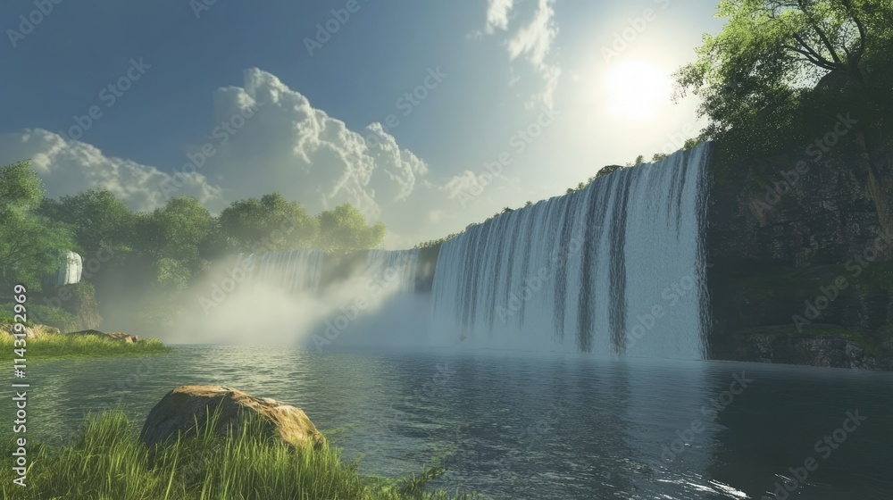 Poster majestic panoramic view of a large waterfall cascading into a serene lake surrounded by lush greener