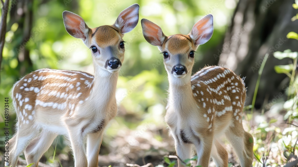 Aufkleber fallow deer fawns in a serene natural park setting surrounded by greenery and soft sunlight creating
