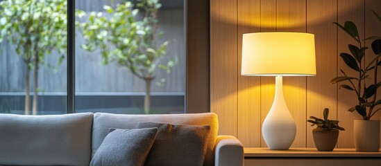 Modern table lamp with sleek design and soft white shade enhancing cozy home decor in a stylish living room setting with natural light.