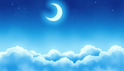 Night sky illustration. Soft watercolor style. Beautiful blue sky with moon, stars. Fluffy clouds. Calm, peaceful scene. Perfect for kids room decor children products. Suitable for bedtime childcare