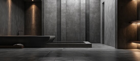 Contemporary bathroom interior with gray tiling and stylish shower cabin showcasing modern design elegance and minimalist aesthetics