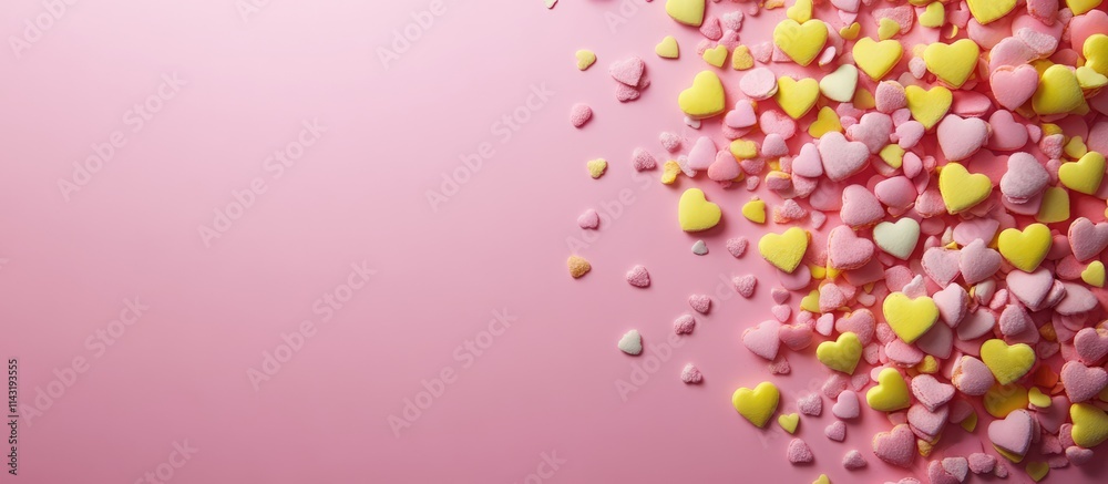 Poster colorful heart-shaped candy confetti scattered on a soft pink background with ample copy space for s