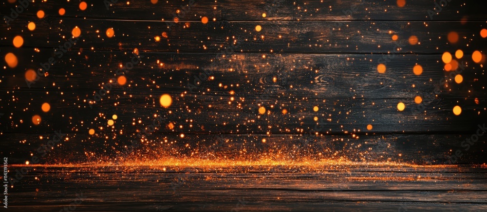 Poster festive advent background banner with orange stars and sparkles bokeh lights on a textured dark wood