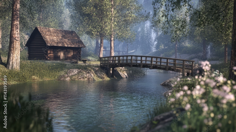 Poster Serene scene of a rustic cabin and wooden bridge crossing calm waters in a tranquil forest setting with lush greenery and blooming flowers