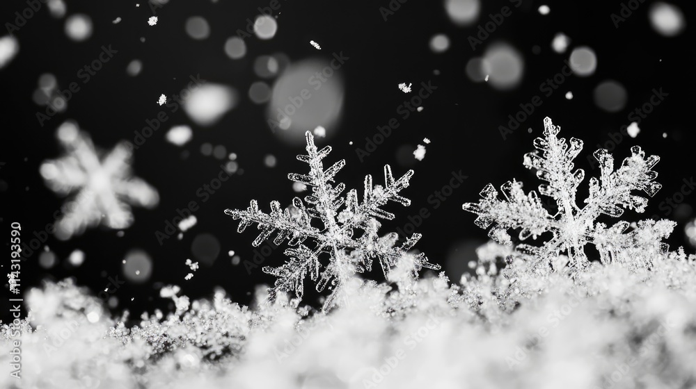 Poster blurry snowflakes falling gently on a dark background creating a serene winter atmosphere in monochr
