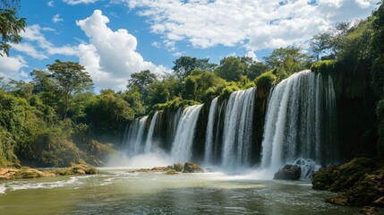 Obraz premium Majestic waterfall at a popular tourist destination under clear blue skies and vibrant greenery