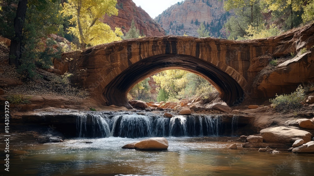 Poster scenic view of a natural rock bridge over a tranquil river with cascading waterfalls and autumn foli