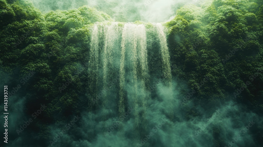 Poster Majestic waterfall cascading through lush greenery with mist in the air creating a serene and vibrant natural landscape scene