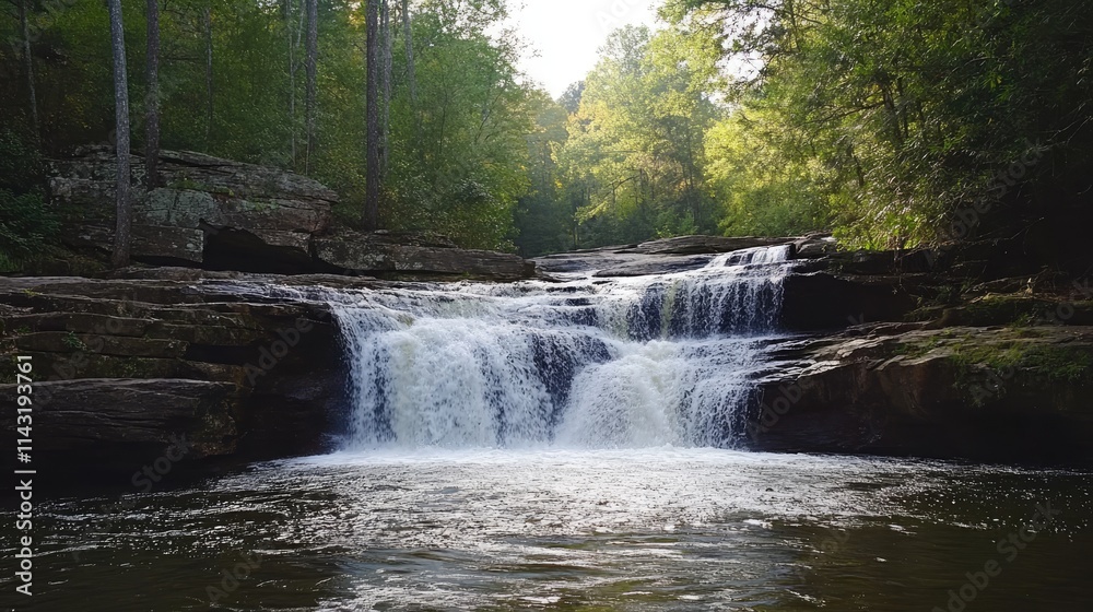 Poster serene waterfall cascading over rocks surrounded by lush green forest in a tranquil natural setting.