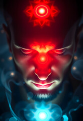 Fototapeta premium Closeup view of man and chakra points. Healing energy, dramatic atmosphere, with white tones