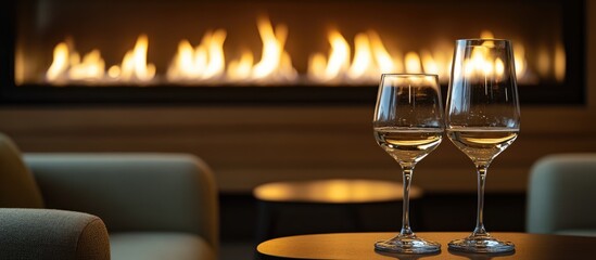 Cozy ambiance with two elegant wine glasses set before a warm fireplace ideal for intimate gatherings and relaxation moments