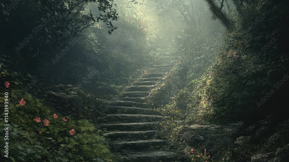 Aufkleber Enchanting forest pathway with moss-covered stone steps illuminated by soft sunlight through dense foliage in a serene natural setting.