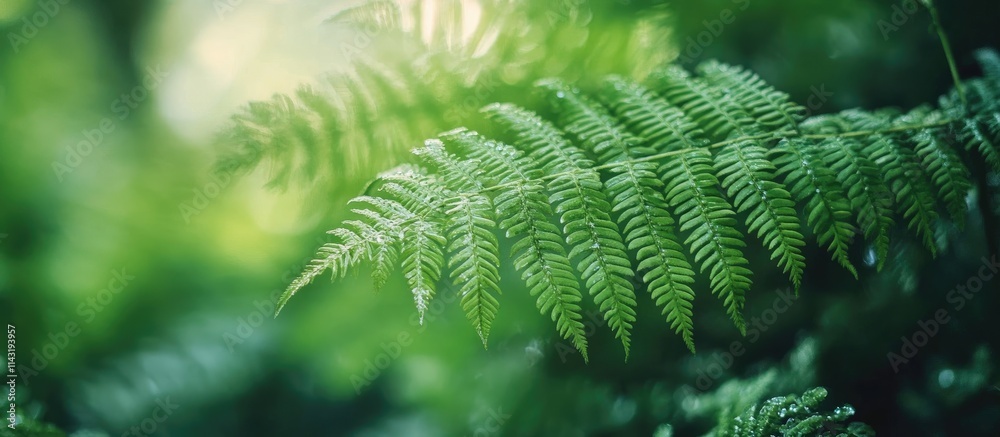 Poster lush green ferns flourishing in a serene forest environment with soft natural light filtering throug