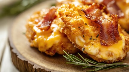 Naklejka premium Crispy Bacon Topped Melted Cheddar Cheese Bites with Rosemary on Wooden Plate Close Up Culinary Delight on White Background