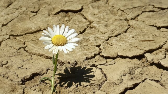 Resilient false daisy blooming on cracked dry earth symbolizing perseverance and hope in arid conditions.
