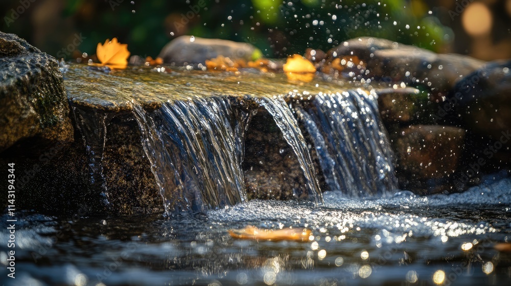 Poster gentle water cascading over rocks with autumn leaves creating a serene and tranquil natural scene in