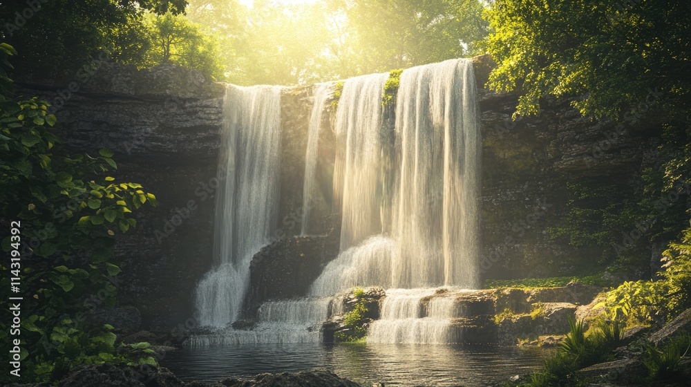 Poster Serene summer waterfall cascading into a tranquil pool surrounded by lush greenery and warm sunlight filtering through the trees.