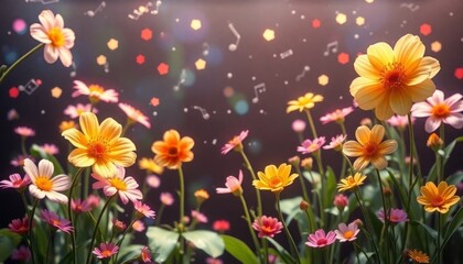 A magical image of a field of pink and yellow flowers with swirling music notes, evoking a sense of peace and tranquility.