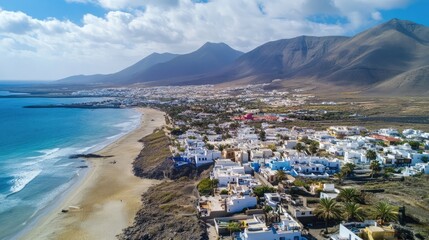 Obraz premium Aerial view of Famara Beach showcasing stunning coastline and picturesque volcanic mountains on Lanzarote Island in the Canary Islands.