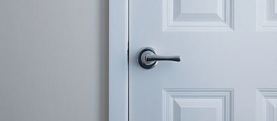 Obraz premium Elegant chrome door handle on a pristine white interior door showcasing modern design elements in home decor and architectural aesthetics.