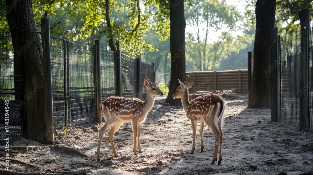 Poster fallow deer in natural habitat surrounded by trees in a serene forest environment during daytime