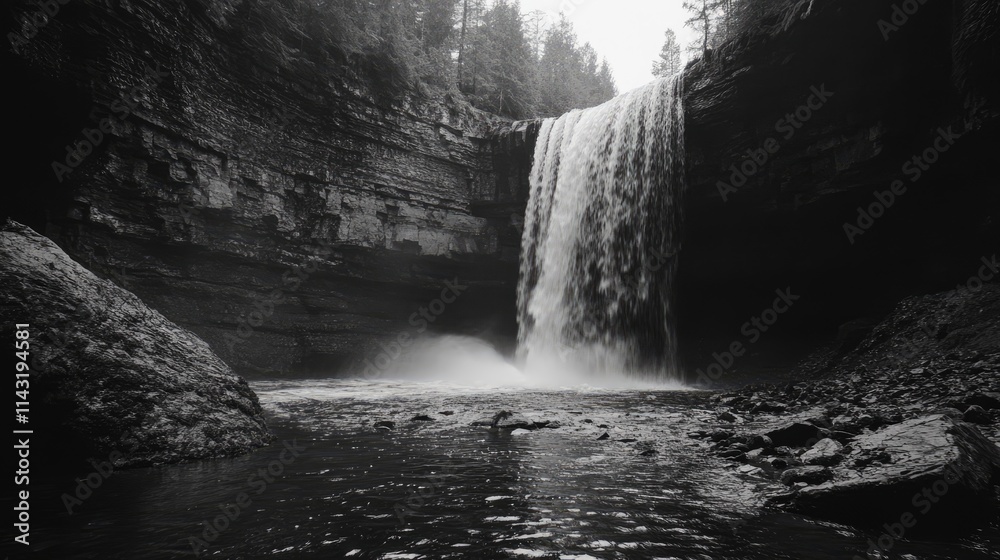 Poster majestic waterfall cascading into serene pool at falls provincial park surrounded by lush forest sce