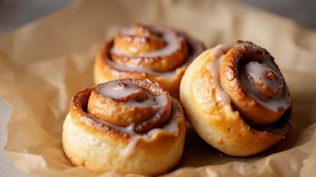 Hot fresh sweet homemade cinnamon rolls or buns pastries covered sugar powder and sweet cream. Cozy autumn or winter desert. Bakery for Thanksgiving party