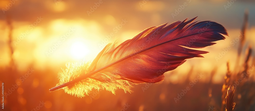 Poster Bird feather illuminated by sunset with warm colors creating a serene and tranquil natural scene in the background.